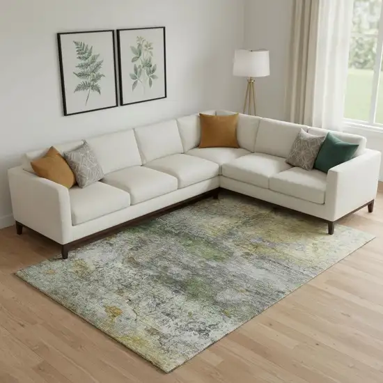 Olive Green And Gold Abstract Washable Area Rug With UV Protection Photo 2