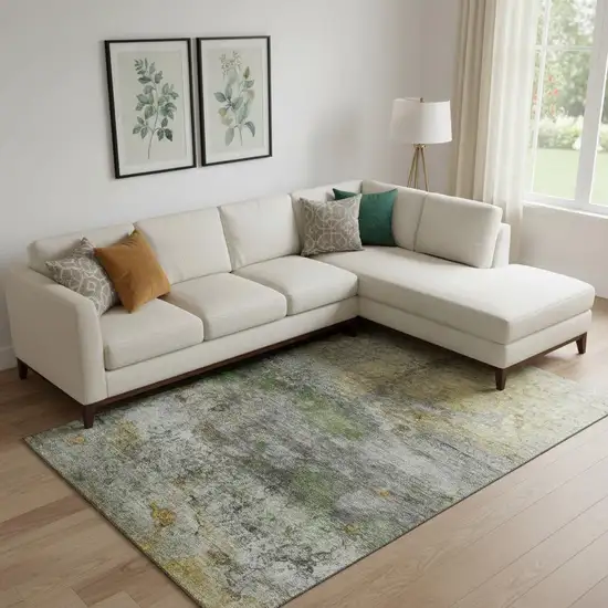 Olive Green And Gold Abstract Washable Area Rug With UV Protection Photo 2