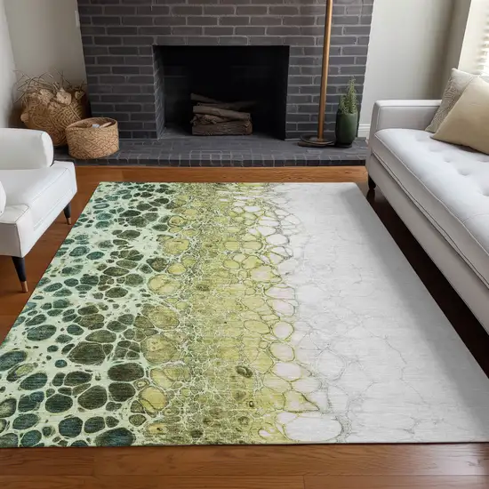 Olive Green And Gold Abstract Washable Indoor Outdoor Area Rug Photo 8