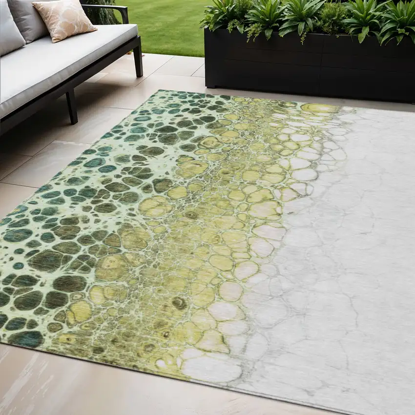 Olive Green And Gold Abstract Washable Indoor Outdoor Area Rug Photo 1