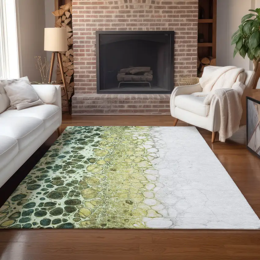 Olive Green And Gold Abstract Washable Indoor Outdoor Area Rug Photo 9
