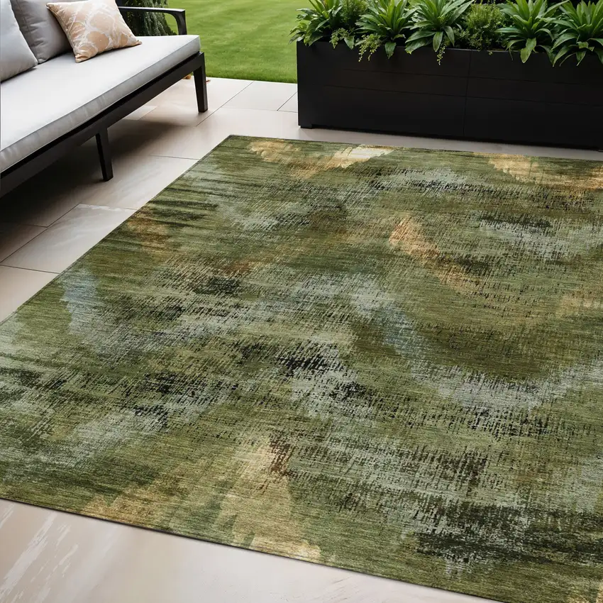 Olive Green And Gold Abstract Washable Indoor Outdoor Area Rug Photo 1