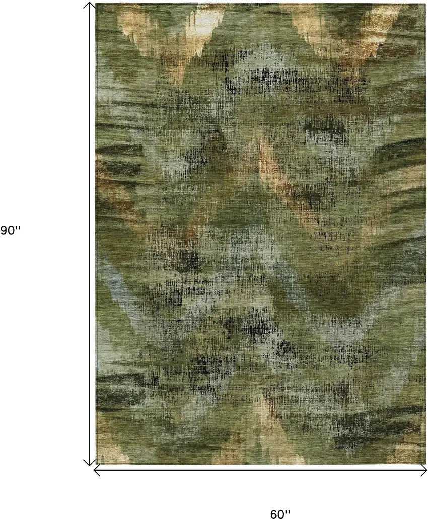 Olive Green And Gold Abstract Washable Indoor Outdoor Area Rug Photo 3