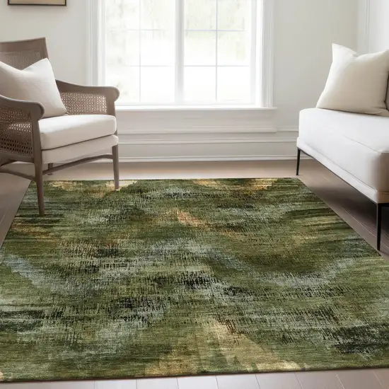 Olive Green And Gold Abstract Washable Indoor Outdoor Area Rug Photo 9