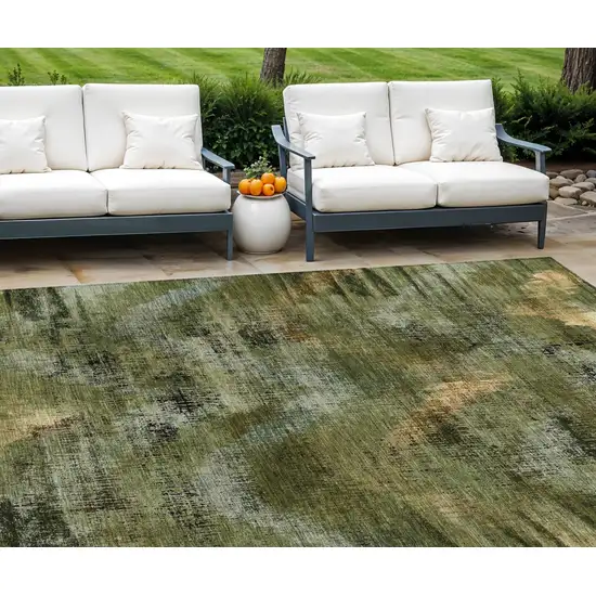 Olive Green And Gold Abstract Washable Indoor Outdoor Area Rug Photo 1