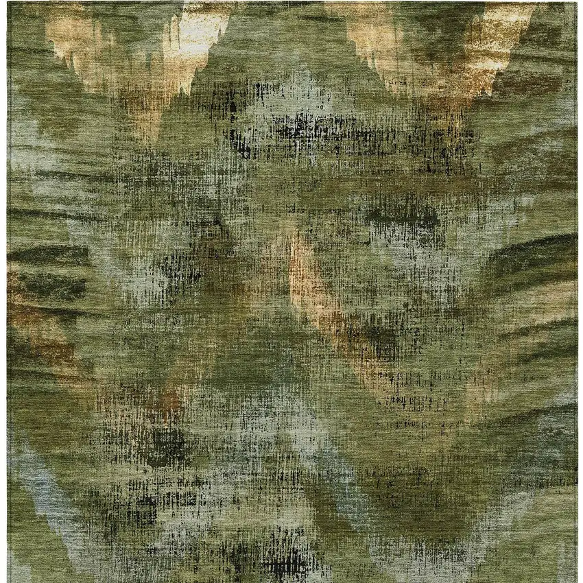 Olive Green And Gold Abstract Washable Indoor Outdoor Area Rug Photo 7