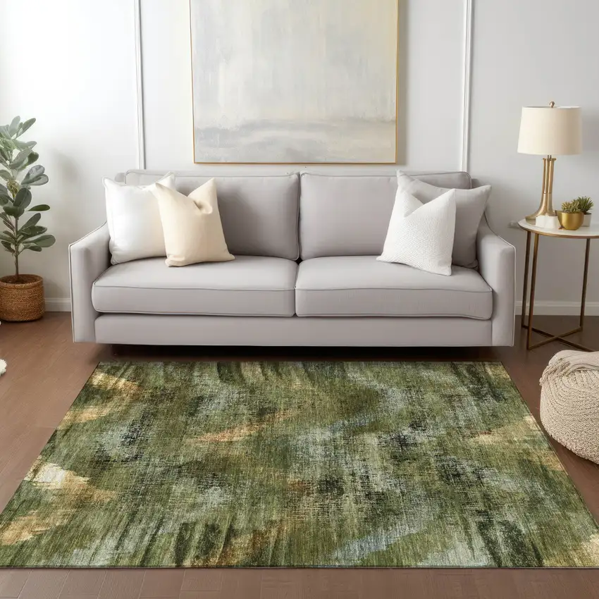 Olive Green And Gold Abstract Washable Indoor Outdoor Area Rug Photo 9
