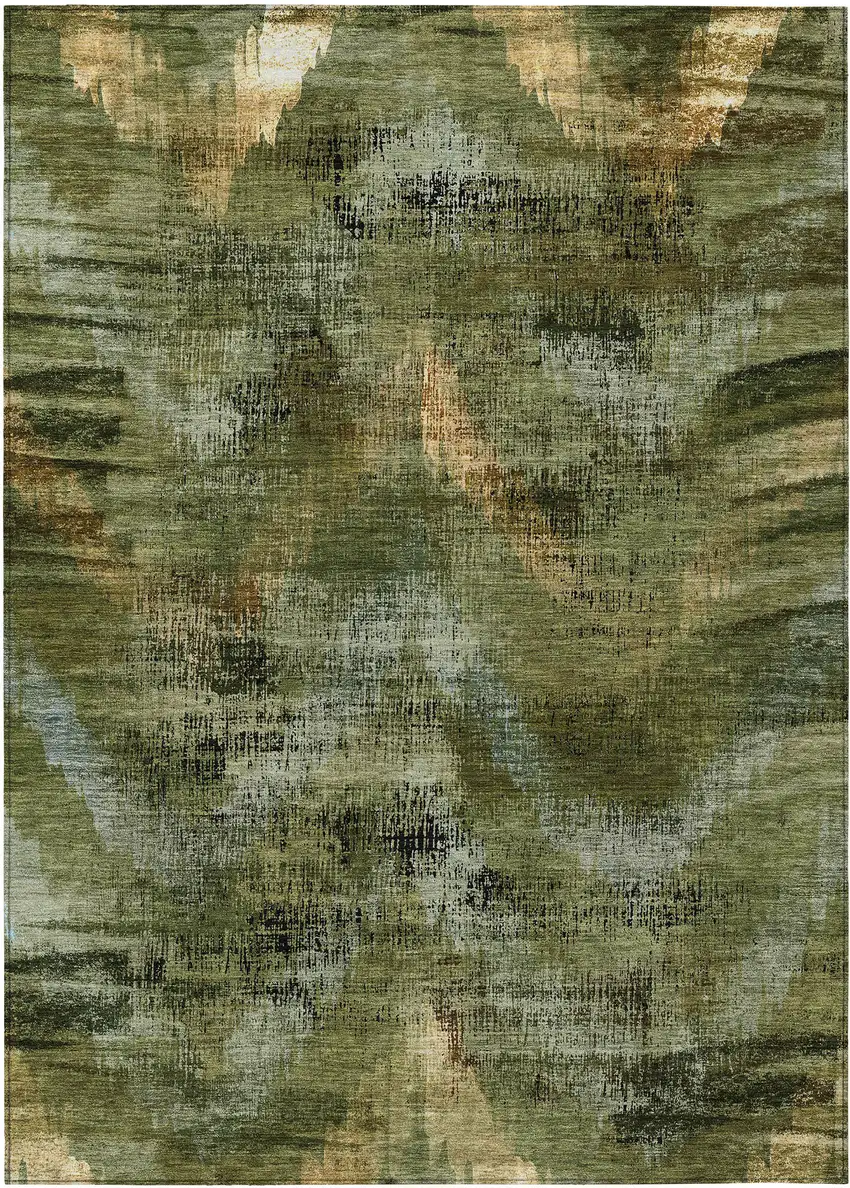 Olive Green And Gold Abstract Washable Indoor Outdoor Area Rug Photo 2