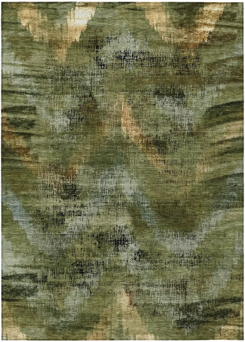 Olive Green And Gold Abstract Washable Indoor Outdoor Area Rug Photo 2