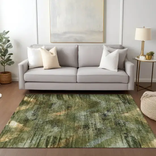 Olive Green And Gold Abstract Washable Indoor Outdoor Area Rug Photo 9