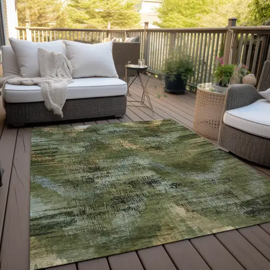 Olive Green And Gold Abstract Washable Indoor Outdoor Area Rug Photo 8