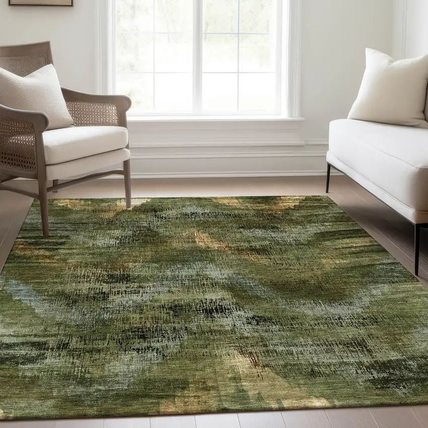 Olive Green And Gold Abstract Washable Indoor Outdoor Area Rug Photo 9