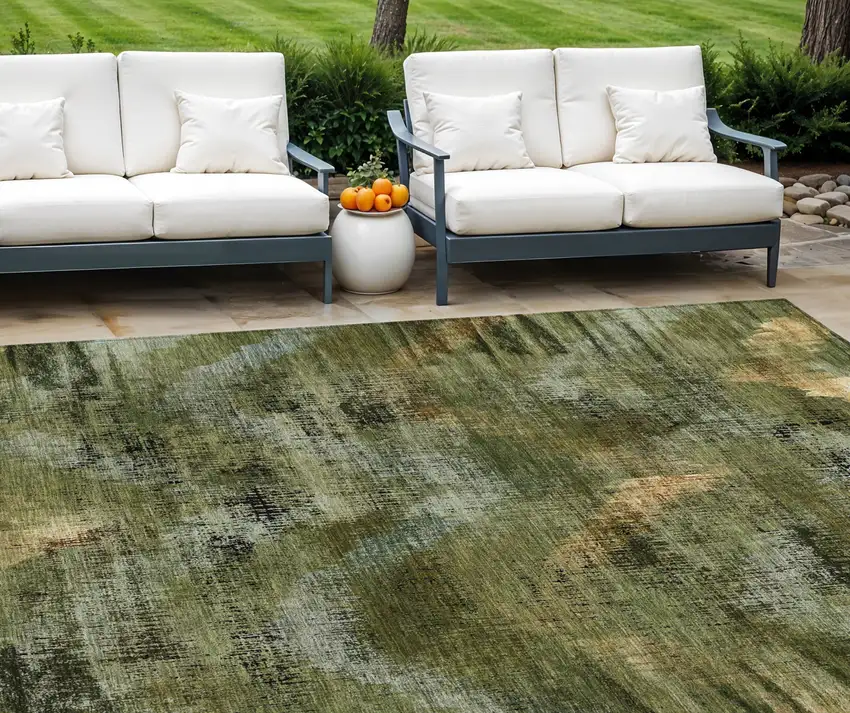 Olive Green And Gold Abstract Washable Indoor Outdoor Area Rug Photo 1