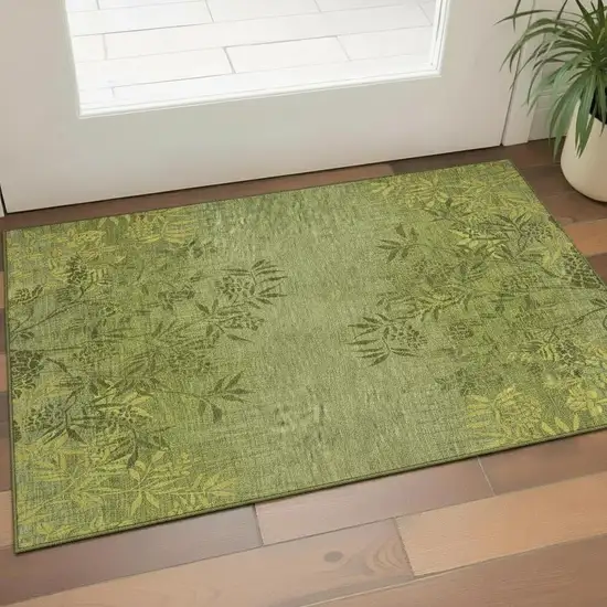 Olive Green And Gold Floral Washable Area Rug With UV Protection Photo 1