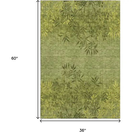 Olive Green And Gold Floral Washable Area Rug With UV Protection Photo 6