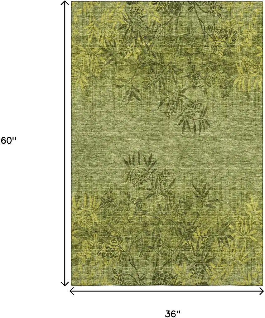 Olive Green And Gold Floral Washable Area Rug With UV Protection Photo 6