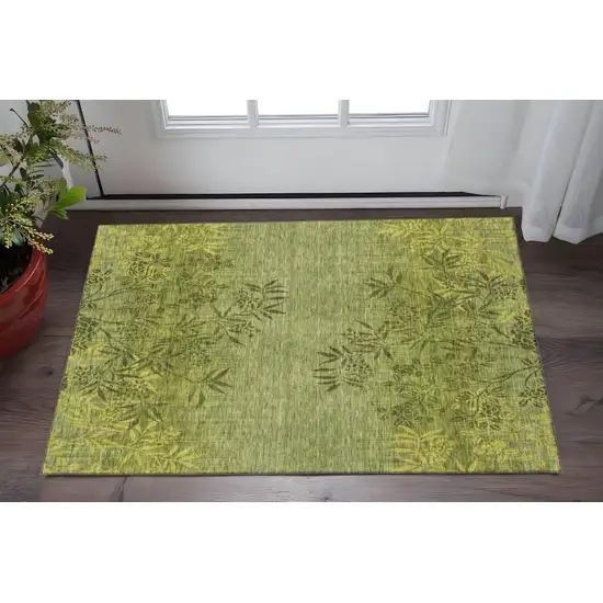 Olive Green And Gold Floral Washable Area Rug With UV Protection Photo 2