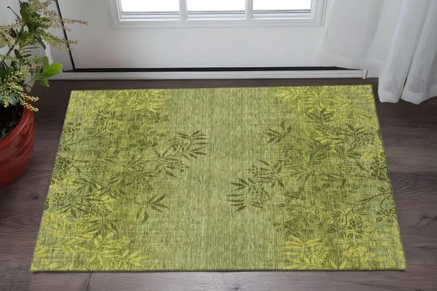 Olive Green And Gold Floral Washable Area Rug With UV Protection Photo 2