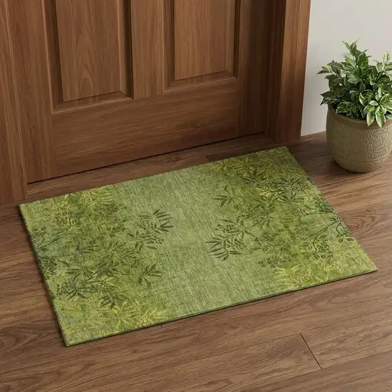 Olive Green And Gold Floral Washable Area Rug With UV Protection Photo 1