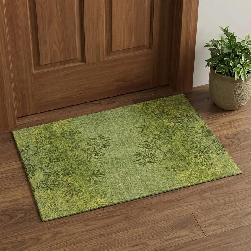 Olive Green And Gold Floral Washable Area Rug With UV Protection Photo 1