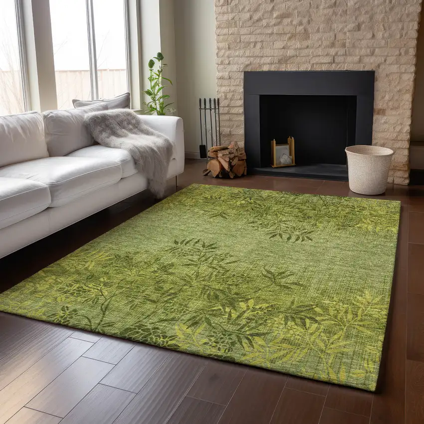 Olive Green And Gold Floral Washable Area Rug With UV Protection Photo 5