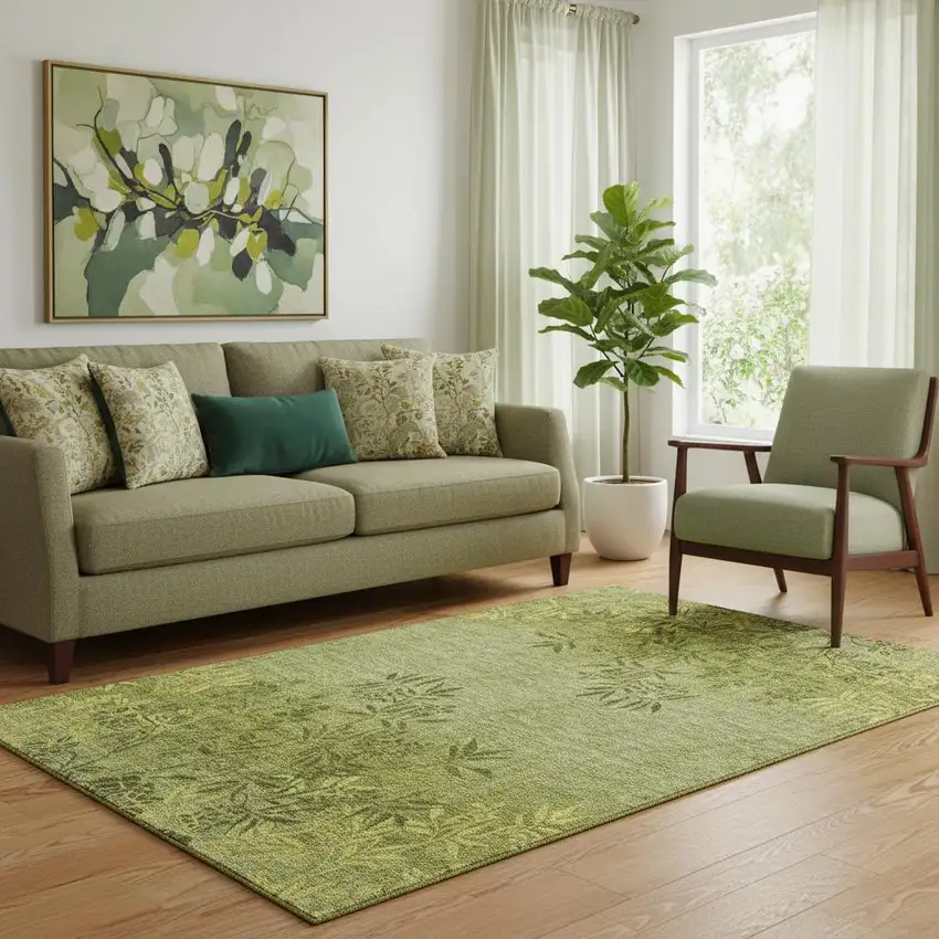 Olive Green And Gold Floral Washable Area Rug With UV Protection Photo 1