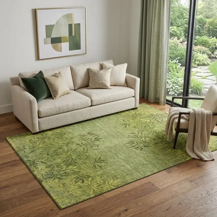 Olive Green And Gold Floral Washable Area Rug With UV Protection Photo 1