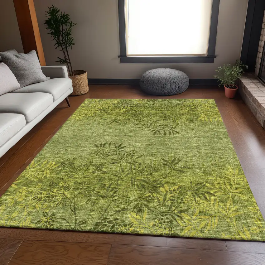 Olive Green And Gold Floral Washable Area Rug With UV Protection Photo 5