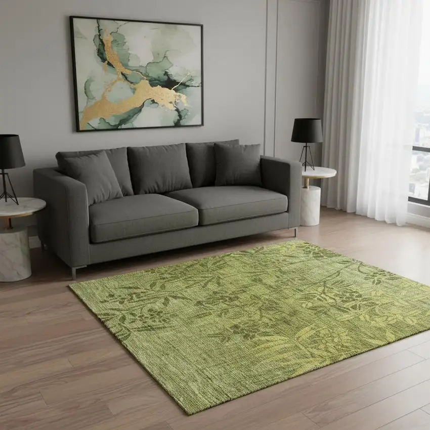 Olive Green And Gold Floral Washable Area Rug With UV Protection Photo 1