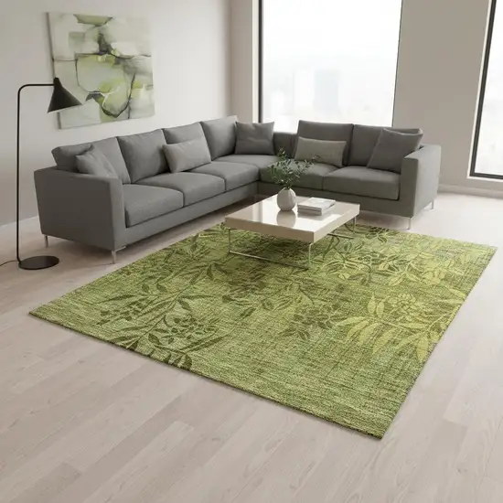 Olive Green And Gold Floral Washable Area Rug With UV Protection Photo 1