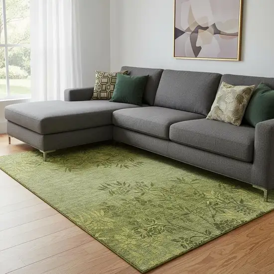 Olive Green And Gold Floral Washable Area Rug With UV Protection Photo 1