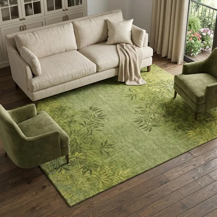 Olive Green And Gold Floral Washable Area Rug With UV Protection Photo 1