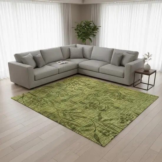 Olive Green And Gold Floral Washable Area Rug With UV Protection Photo 1