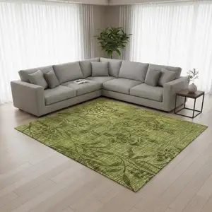 Photo of Olive Green And Gold Floral Washable Area Rug With UV Protection