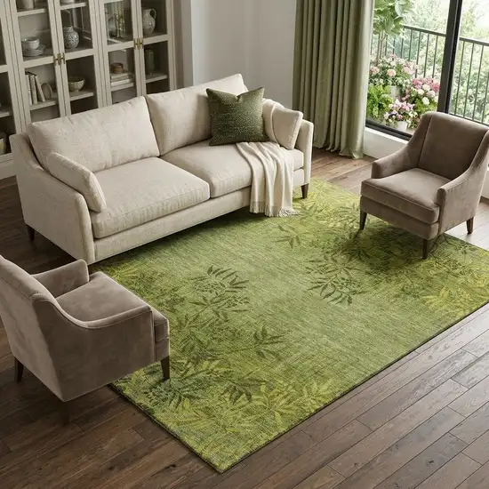 Olive Green And Gold Floral Washable Area Rug With UV Protection Photo 1