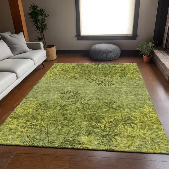 Olive Green And Gold Floral Washable Area Rug With UV Protection Photo 5