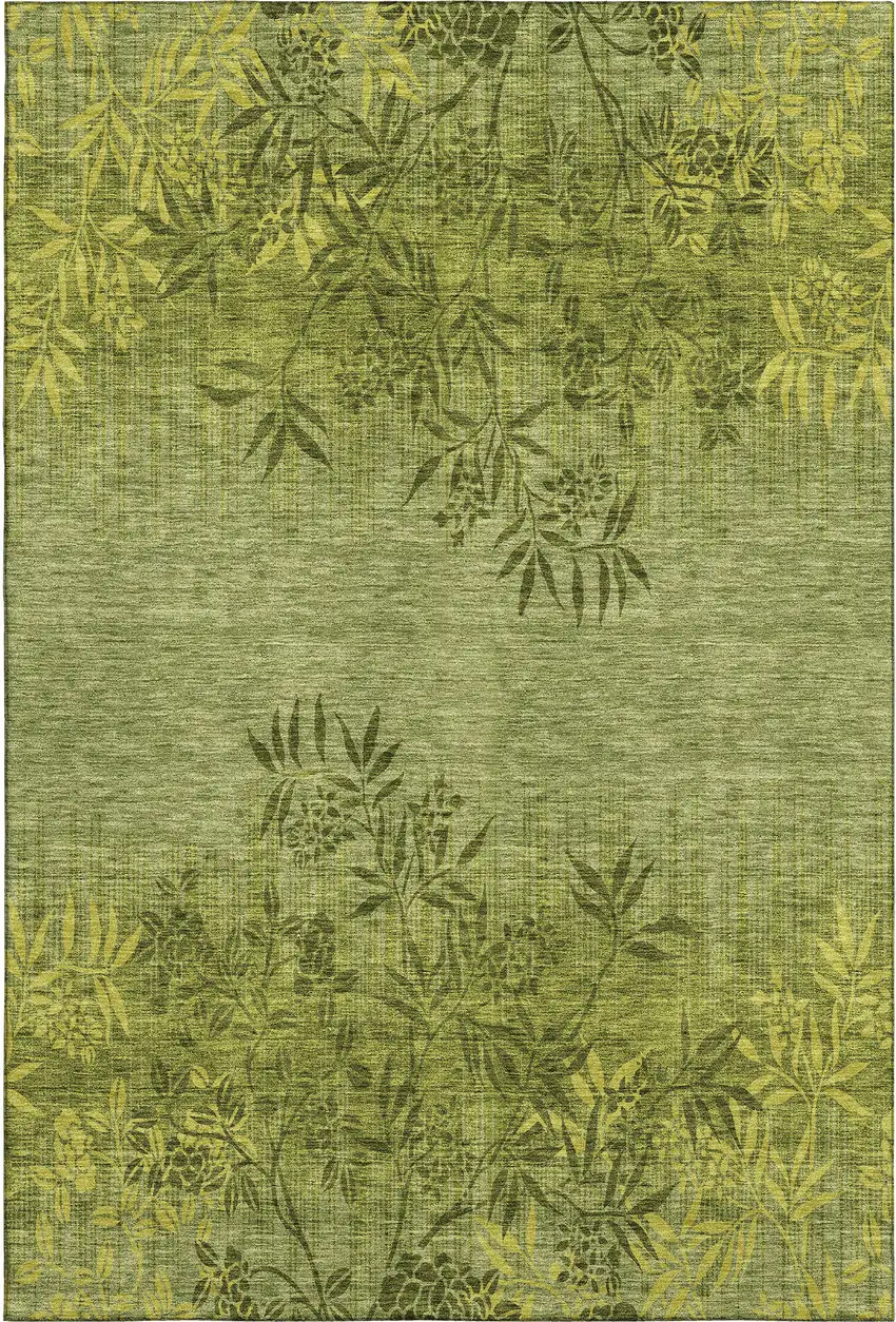 Olive Green And Gold Floral Washable Area Rug With UV Protection Photo 2