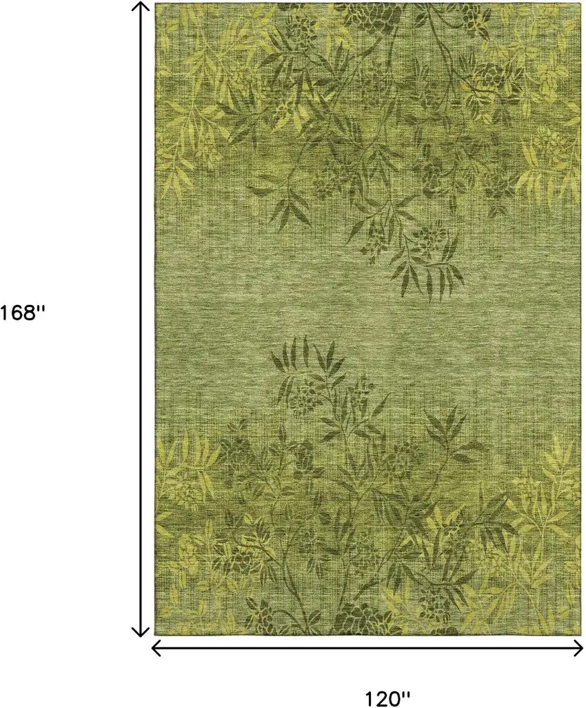 Olive Green And Gold Floral Washable Area Rug With UV Protection Photo 3