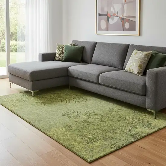 Olive Green And Gold Floral Washable Area Rug With UV Protection Photo 1