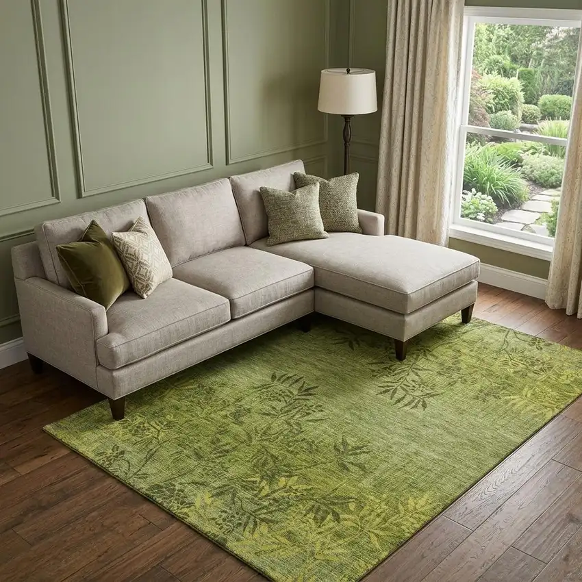 Olive Green And Gold Floral Washable Area Rug With UV Protection Photo 1