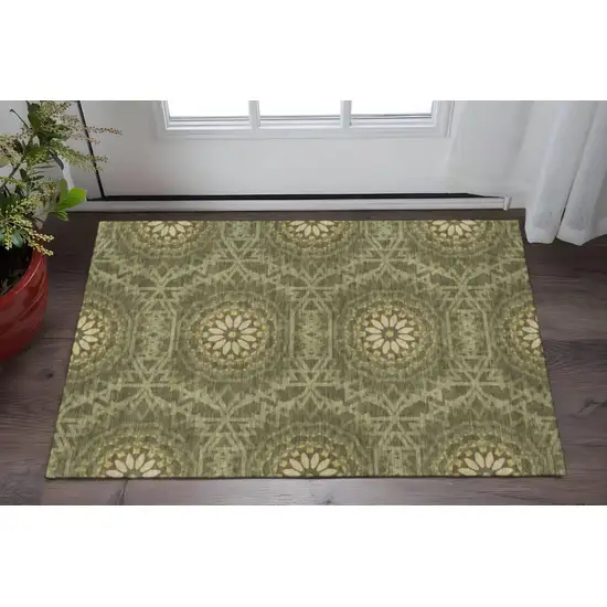 Olive Green And Gold Geometric Washable Area Rug With UV Protection Photo 2