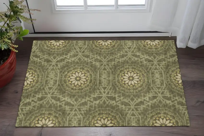 Olive Green And Gold Geometric Washable Area Rug With UV Protection Photo 2
