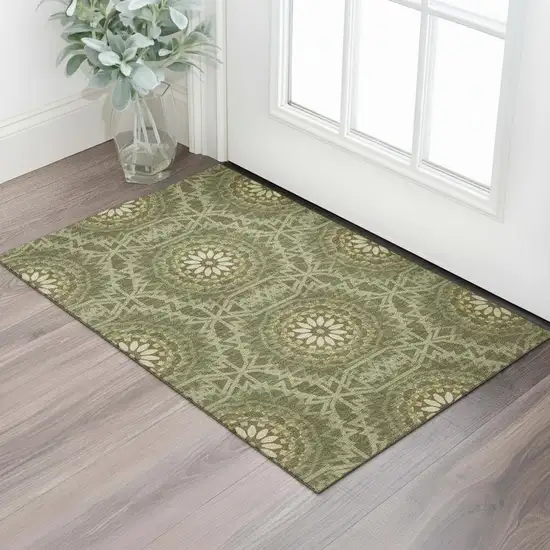 Olive Green And Gold Geometric Washable Area Rug With UV Protection Photo 1