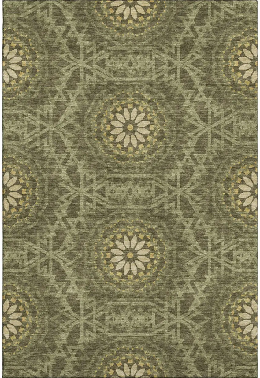 Olive Green And Gold Geometric Washable Area Rug With UV Protection Photo 1