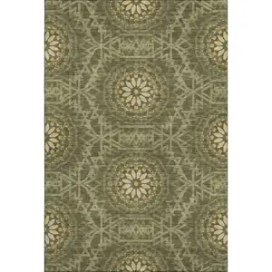 Photo of Olive Green And Gold Geometric Washable Area Rug With UV Protection