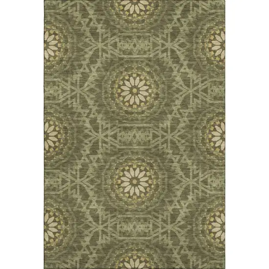 Olive Green And Gold Geometric Washable Area Rug With UV Protection Photo 1