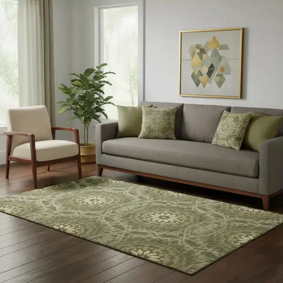 Olive Green And Gold Geometric Washable Area Rug With UV Protection Photo 1