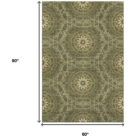 Olive Green And Gold Geometric Washable Area Rug With UV Protection Photo 9
