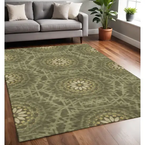 Olive Green And Gold Geometric Washable Area Rug With UV Protection Photo 2