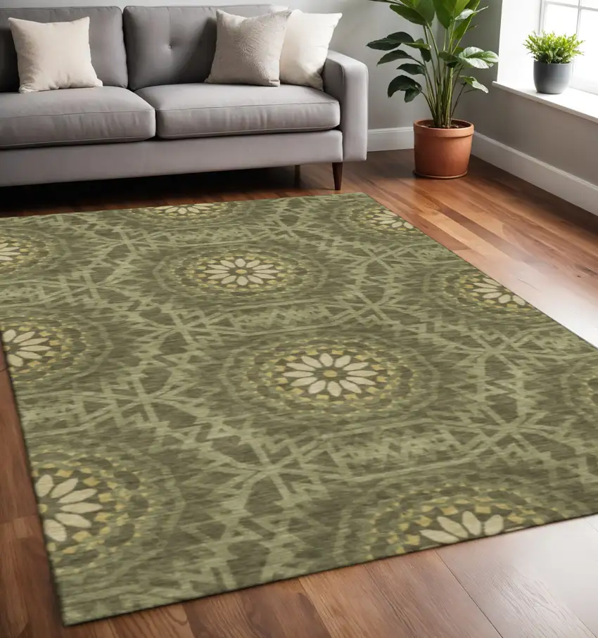 Olive Green And Gold Geometric Washable Area Rug With UV Protection Photo 2